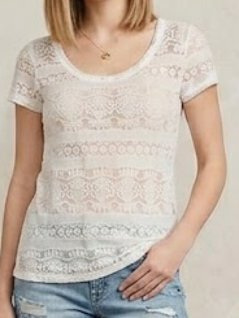 LOFT White sheer Lace Short Sleeve Scoop Neck Tee Shirt Small